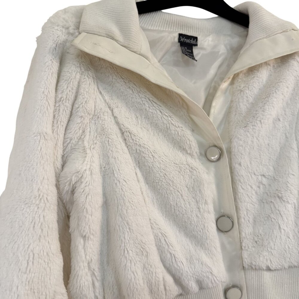 Y2K Dérotchild Faux Fur Bomber Jacket Ivory White Puff Sleeve Ribbed Hem Small - Picture 2 of 9